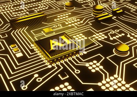 Lettre alphabétique dorée ai sur une puce noire de processeur d'ordinateur entourée de stries lumineuses incandescentes sur une carte de circuit électronique. Puces AI et NPU Banque D'Images