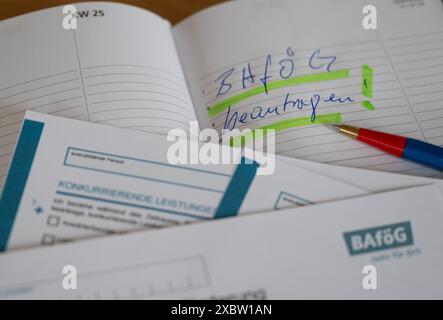 Leipzig, Allemagne. 13 juin 2024. BAföG les documents de demande sont sur une table. Les élèves et les étudiants dans le besoin recevront plus de BAföG de la nouvelle année scolaire et du prochain semestre d'hiver. Jeudi, le Bundestag a adopté une réforme de la coalition "feux de circulation" qui prévoit une augmentation des tarifs et de l'allocation forfaitaire de logement. Crédit : Hendrik Schmidt/dpa/Alamy Live News Banque D'Images