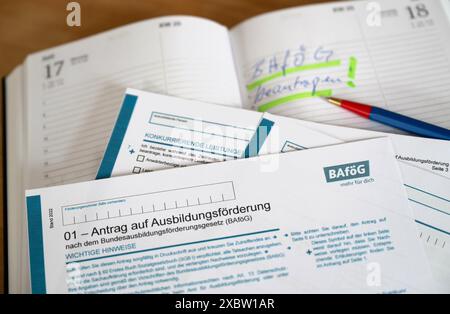 Leipzig, Allemagne. 13 juin 2024. BAföG les documents de demande sont sur une table. Les élèves et les étudiants dans le besoin recevront plus de BAföG de la nouvelle année scolaire et du prochain semestre d'hiver. Jeudi, le Bundestag a adopté une réforme de la coalition "feux de circulation" qui prévoit une augmentation des tarifs et de l'allocation forfaitaire de logement. Crédit : Hendrik Schmidt/dpa/Alamy Live News Banque D'Images