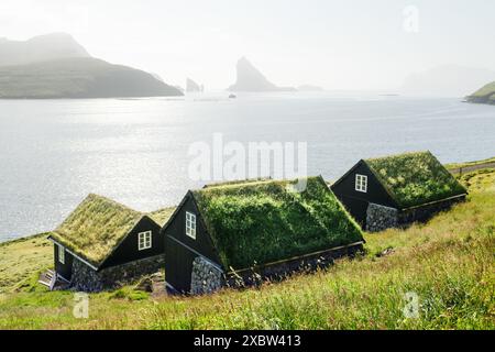 Cottages traditionnels couverts d'herbe des féroé dans le village de Bour. Piles de mer de Drangarnir et Tindholmur sur fond. Île de Vagar, Îles Féroé, Danemark. Photographie de paysage Banque D'Images