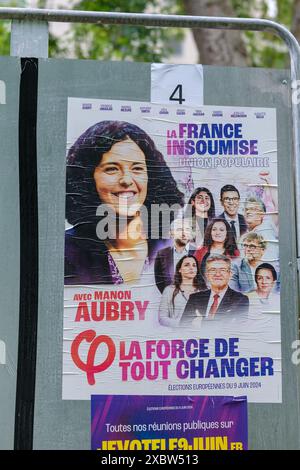 Paris, France - 4 juin 2024 : Portrait de Manon Aubry, candidate de l'Union populaire sur une affiche de campagne à Paris Banque D'Images