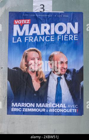 Paris, France - 4 juin 2024 : Portrait d'Eric Zemmour et Marion Maréchal, candidats sur une affiche de campagne à Paris Banque D'Images