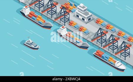 Terminal maritime avec des navires de fret et des services d'expédition de fret de grue de fret de fret illustration vectorielle conception isométrique Illustration de Vecteur