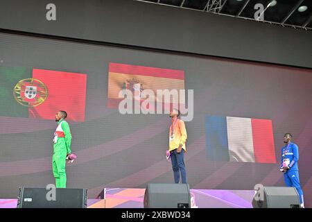 Roma, Italie. 12 juin 2024. Stade Olympique, Rome, Italie - cérémonie de remise de la médaille du Triple saut masculin lors de la Journée des Championnats d'Europe d'athlétisme 2024 6, 12 juin 2024 (photo de Roberto Ramaccia/Sipa USA) crédit : Sipa USA/Alamy Live News Banque D'Images