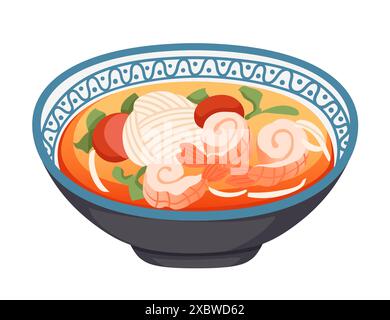 Traditionnel thaïlandais Tom Yum Kung dans un bol avec soupe épicée savoureuse au lait de coco avec illustration vectorielle de fruits de mer isolé sur fond blanc Illustration de Vecteur