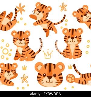 Modèle sans couture petit petit petit tigre mignon avec illustration vectorielle de conception d'animaux de dessin animé roi de couronne dorée sur fond blanc Illustration de Vecteur