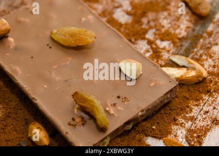 Les tablettes de chocolat élégamment brisées révèlent des trésors cachés — amandes, noisettes et raisins secs — nichés au milieu de fruits secs vibrants. Banque D'Images