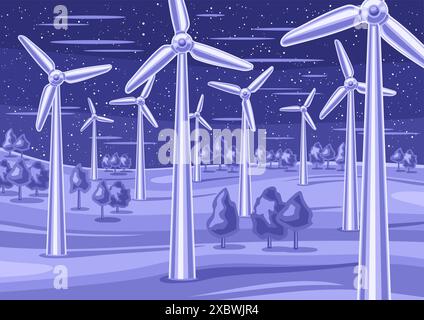 Illustration vectorielle de Night Wind Power Farm, affiche horizontale avec le champ d'énergie éolienne de conception de bande dessinée sur fond de ciel nuageux violet, terre futuriste Illustration de Vecteur