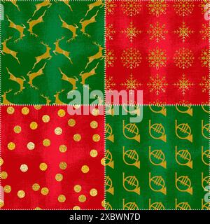 Patchwork de vacances d'hiver avec des éléments de Noël dorés. Motif sans couture de Noël. Illustration vectorielle dans un style rétro Illustration de Vecteur
