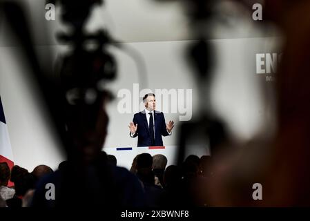 Paris, France. 12 juin 2024. Antonin Burat/le Pictorium - Conférence de presse du président français Emmanuel Macron le 12 juin 2024 à Paris - 12/06/2024 - France/Paris - le président français Emmanuel Macron lors d'une conférence de presse le 12 juin 2024, suite à sa décision de dissoudre l'Assemblée nationale. Crédit : LE PICTORIUM/Alamy Live News Banque D'Images