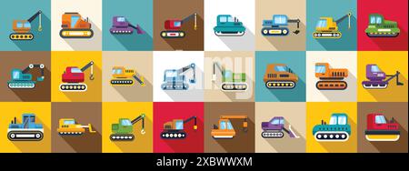 icônes de chenille définies. Ensemble d'icônes colorées représentant divers véhicules de construction, idéal pour illustrer des projets de construction ou de démolition Illustration de Vecteur