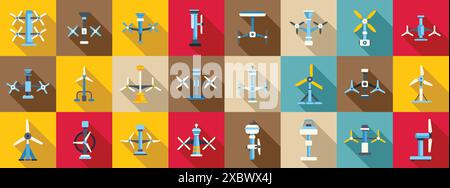 icônes d'énergie des marées définies. Collecte d'éoliennes générant de l'énergie propre en utilisant l'énergie éolienne dans une conception plate Illustration de Vecteur