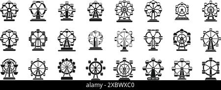 Icônes de grande roue définies. Ensemble d'icônes de silhouette de grande roue montrant différentes roues d'observation en rotation pour une vue panoramique du paysage urbain Illustration de Vecteur