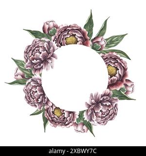 Pivoines dans un style vintage. Cadre rond à bordure florale. Illustration d'aquarelle faite à la main. Isolez-le. L'élément de conception de la carte postale, étiquette et paquet Banque D'Images