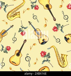 Motif musical sans couture avec instruments de musique, guitares, violons et saxophones. L'illustration aquarelle est faite à la main. Sur un fond beige Banque D'Images