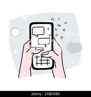 Un homme tient un téléphone dans ses mains et tape un message. Illustration vectorielle de la technologie numérique et de la communication Illustration de Vecteur