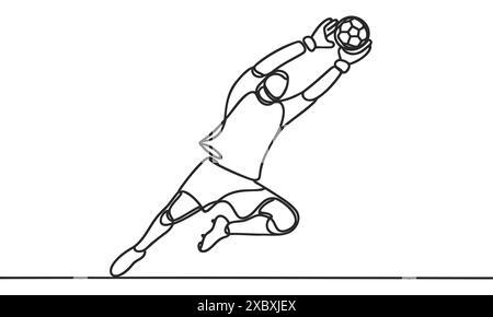 Dessin en ligne continue unique d'un gardien de but de joueur de football masculin attrapant la balle en saut. illustration vectorielle graphique de dessin d'une ligne. Illustration de Vecteur