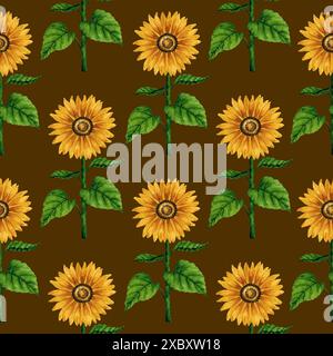 Motif aquarelle tournesol sans couture. Fond floral avec des fleurs jaunes. Composition florale estivale. Arrangement de fleurs d'automne. Dessiné à la main Banque D'Images