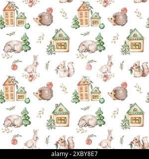 Modèle sans couture avec des arbres de Noël à l'aquarelle, des maisons et des animaux Banque D'Images
