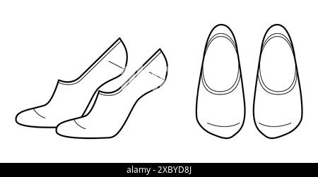 Ensemble de longueur de chaussettes pour pieds, non visibles. Mode bonneterie accessoire vêtements illustration technique bas. Vector avant, vue latérale pour hommes, femmes, style unisexe, modèle plat modèle esquisse contour isolé Illustration de Vecteur