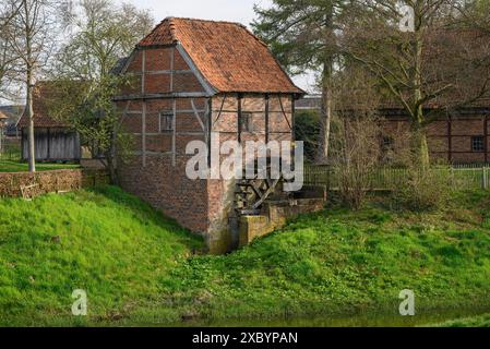 Une vieille maison à colombages avec un moulin à eau, entourée d'une campagne verdoyante et d'une rivière, Vreden, Rhénanie du Nord-Westphalie, Allemagne Banque D'Images