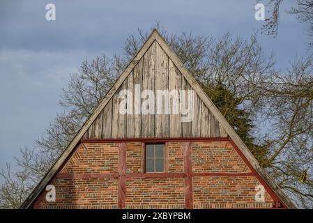 Vue détaillée d'un toit à pignon d'une maison traditionnelle à colombages, Vreden, Rhénanie du Nord-Westphalie, Allemagne Banque D'Images