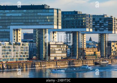 Grues dans le port de Rheinau, vu de l'autre côté du Rhin depuis le pont sud, Cologne, Rhénanie du Nord-Westphalie, Allemagne Banque D'Images