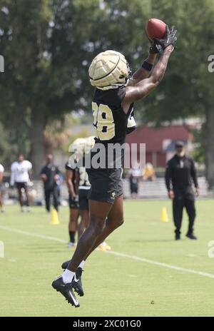 Metairie, États-Unis. 13 juin 2024. Le cornerback des Saints de la Nouvelle-Orléans Rejzohn Wright (28 ans) attrape le ballon lors de la troisième journée d'activités de mini-ampères obligatoires au centre de performance sportive Ochsner à Metairie, en Louisiane, le jeudi 13 juin 2024. (Photo de Peter G. Forest/SipaUSA) crédit : Sipa USA/Alamy Live News Banque D'Images