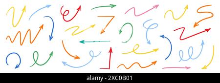 Jeu d'icônes d'esquisse dessinées à la main par vecteur de flèche. Esquisser l'ensemble d'éléments de direction de couleur dessinés à la main. Eléments de conception graphique de ligne de doodle de couleur. Gauche, droite, flèche de direction de la croissance. Illustration vectorielle Illustration de Vecteur
