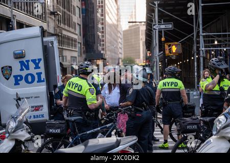 La police a arrêté un activiste pro-palestinien pour avoir prétendument placé un autocollant sur la clôture qui entoure la mairie le 13 juin 2024 à New York, NY. L'arrestation fait suite à un rassemblement au siège de Citi et marche dans Lower Manhattan. (Photo de Matthew Rodier/Sipa USA) crédit : Sipa USA/Alamy Live News Banque D'Images