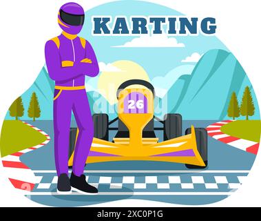 Illustration vectorielle de Karting Sport avec un jeu de course Go Kart ou Mini voiture sur une piste de petit circuit dans un design de fond de dessin animé de style plat Illustration de Vecteur