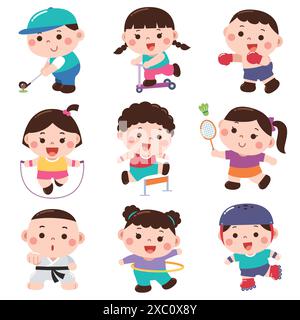 Illustration vectorielle du personnage des enfants de Cartoon Sport. Caractère sportif Illustration de Vecteur