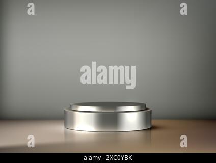 Podium en métal en acier inoxydable 3D sur table en bois avec fond de mur gris pour affichage de produit, maquette moderne, concept industriel Illustration de Vecteur