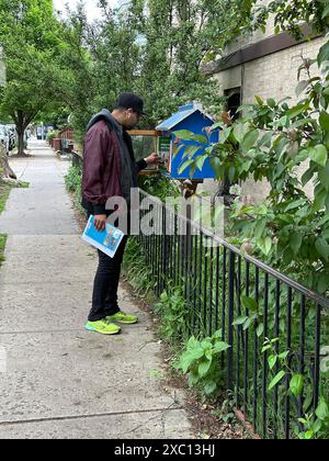 Homme choisissant le livre de Little Free Library boîte de partage de livre dans la section Kensington de Brooklyn, NY. Grâce au Little Free Library Book Exchange, des millions de livres sont échangés 24/7 chaque année, augmentant l'accès aux livres pour les lecteurs de tous âges et de tous horizons. Aux États-Unis, 30 millions d'adultes ne savent ni lire ni écrire au-dessus du niveau de troisième année. Banque D'Images