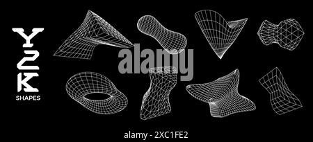 Ensemble de formes filaires 3D dans le style brutalisme. Objets de grille géométrique fluide et éléments de conception Illustration de Vecteur