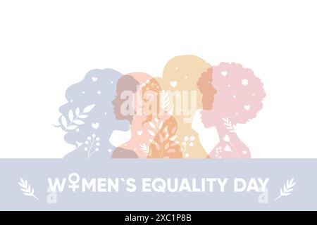 Bannière, affiche Journée de l'égalité des femmes. Silhouette féminine, avec des fleurs simples Illustration de Vecteur