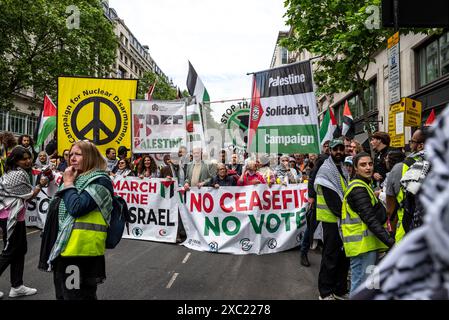 Pas de cessez-le-feu pas de paix, un appel à ne pas voter pour le Parti travailliste, manifestation pro-palestinienne dans le centre de Londres le 08/06/2024, Londres, Angleterre, Royaume-Uni Banque D'Images