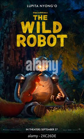 Le robot sauvage (2024) réalisé par Chris Sanders avec Pedro Pascal, Stephanie Hsu et Lupita Nyong'o. Après un naufrage, un robot intelligent appelé Roz est bloqué sur une île inhabitée. Pour survivre à l'environnement rude, Roz se lie avec les animaux de l'île et prend soin d'un bébé oie orphelin. Affiche US One Sheet ***USAGE ÉDITORIAL SEULEMENT***. Crédit : BFA / Universal Pictures Banque D'Images