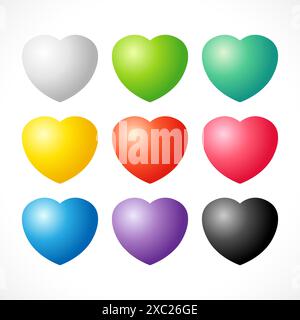 Ensemble de cœurs colorés 3 D. Icônes créatives. Symbole isolé. Modèle graphique. Motif autocollant. Cadre coloré avec espace de copie. Eléments décoratifs. Illustration de Vecteur