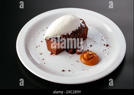dessert au chocolat avec glace à la vanille sur une assiette Banque D'Images