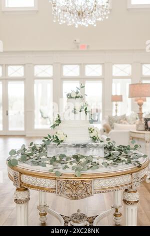 Gâteau de mariage blanc avec des accents d'eucalyptus à l'intérieur sous lustre Banque D'Images