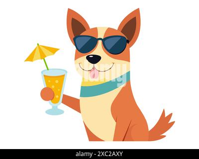 Chien riant drôle dans des lunettes de soleil avec cocktail tropical. Chiot avec boisson gazeuse aux fruits. Concept de plaisir d'été, loisirs, vibrations de vacances. Isolé sur blanc Illustration de Vecteur