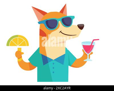 Chien riant drôle dans des lunettes de soleil avec cocktail tropical. Chiot avec boisson gazeuse aux fruits. Concept de plaisir d'été, loisirs, vibrations de vacances. Isolé sur blanc Illustration de Vecteur