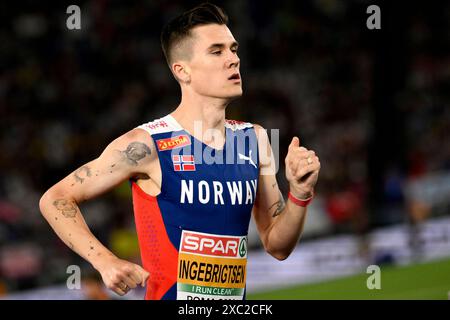 Le norvégien Jakob Ingebrigtsen participe à la finale du 1500 m hommes des Championnats d'Europe d'athlétisme au stade Olimpico à Rome (Italie), le 12 juin 2024. Jakob Ingebrigtsen s'est classé premier en remportant la médaille d'or. Banque D'Images