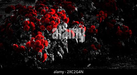 Une photographie couleur sélective de roses rouges vibrantes dans un jardin avec un fond sombre Banque D'Images