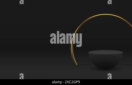 Piédestal de podium hémisphère noir 3d avec cadre de cercle doré illustration vectorielle réaliste. Vitrine géométrique d'affichage publicitaire de luxe pour fas masculin Illustration de Vecteur