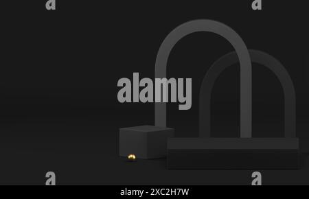 Piédestal de podium 3d de luxe noir avec fond de mur d'arc illustration vectorielle réaliste. Vitrine de rendu élégante sombre avec sphère dorée et cube f Illustration de Vecteur