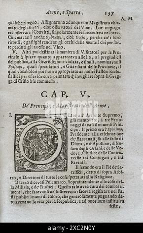 Mappamondo Istorico. Narration ordonnée des quatre empires suprêmes du monde, de Nino, premier empereur des Assyriens, à Léopold autrichien et à la monarchie du Christ. Chapitre V. des Princes et magistrats de l'armée. Par le Père Antonio Foresti (1625-1692), de la Compagnie de Jésus. Volume I. Parme, 1711. Banque D'Images