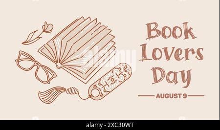 Livre ouvert avec des pages en forme de cœur, des verres et une fleur. Marque-page à fil métallique. Concept pour les amateurs de lecture. Style Doodle. Pour cartes postales, affiches, web Illustration de Vecteur