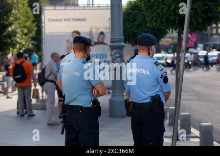 Bucarest, Roumanie - 24 juin 2018 : des officiers de la Jandarmeria surveillent la foule. Banque D'Images